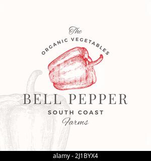 Logo-Vorlage Für „Bell Pepper“-Abzeichen. Handgezeichnete Gemüseskizze mit Retro-Typografie. Premium Pflanzlicher Basis Vegan Food Emblem Isoliert Stock Vektor