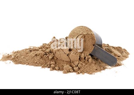 Nahaufnahme der Schaufel mit einem Schokoladenproteinpulver Stockfoto