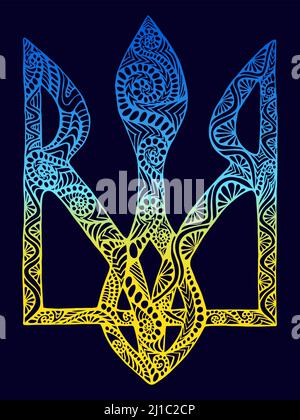Wappen der Ukraine mit vielen dekorativen Elementen, bunte Farbverlauf Farbe blau gelb, isoliert auf dunkelblauem Hintergrund. Edel dekoratives Design Stock Vektor