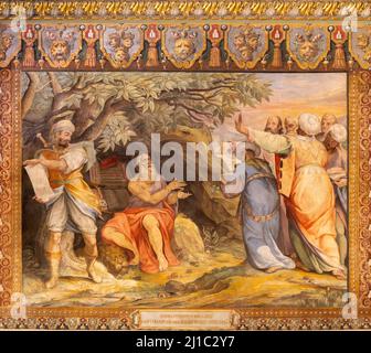 ROM, ITALIEN - 28. AUGUST 2021: Das Fresko St. Jerome erklärt die dificult Teile der Bibel in der Kirche San Girolamo dei Croatie von Giovanni Guerra (1589 Stockfoto