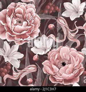 Verziertes nahtloses Muster mit Vintage-Pfingstrosen, Knospen, Blättern. Botanischer Hintergrund. Tapete mit üppigen Frühlingsblumen. Handgezeichnete realistische Zeichnung 3D Stockfoto