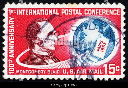 VEREINIGTE STAATEN von AMERIKA - UM 1963: Eine in den USA gedruckte Briefmarke zeigt Montgomery Blair, 20. US Postmaster General, 1861 – 1864, um 1963 Stockfoto