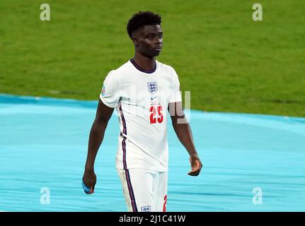 Das Aktenfoto vom 11-07-2021 von Englands Bukayo Saka, der das Lager in England verlassen hat, nachdem er einen positiven Test für Covid-19 gemacht hatte, teilte der Fußballverband mit. Ausgabedatum: Donnerstag, 24. März 2022. Stockfoto