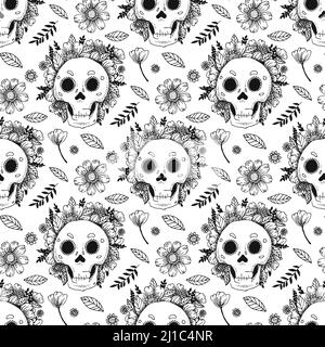 Schädel und Pflanzen mit Blumen Vektor nahtlose Muster. Stock Vektor