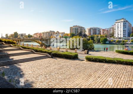 Ein sonniger Tag am Guadalquivir-Fluss in Sevilla, Spanien, mit Palmen entlang der Uferpromenade und Booten im Fluss. Stockfoto