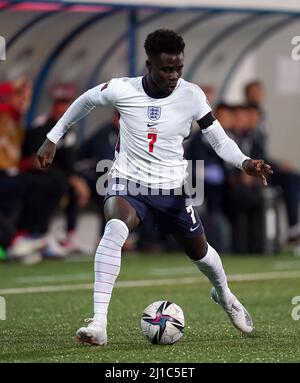 Das Filebild vom 09-10-2021 des englischen Fußballverbands Bukayo Saka, der das Lager in England verlassen hat, nachdem er einen positiven Test für Covid-19 gemacht hatte, teilte der Football Association mit. Ausgabedatum: Donnerstag, 24. März 2022. Stockfoto