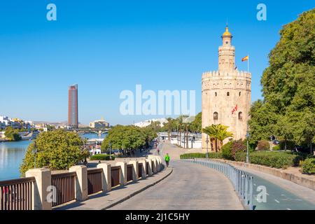 Der Guadalquivier fließt durch das historische Zentrum von Sevilla, Spanien, mit dem Turm von Sevilla und dem Turm Torre del Oro. Stockfoto