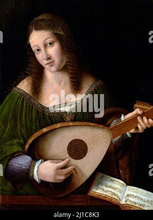 Dame spielt eine Laute von Bartolomeo Veneto (aktiv 1502–31), Öl auf Tafel, c. 1530 Stockfoto