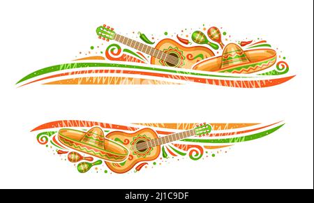 Vektorrahmen für Cinco de Mayo mit Platz für Text, dekorativer horizontaler Coupon mit Darstellung mexikanischer Musikinstrumente, rot und grün Stock Vektor