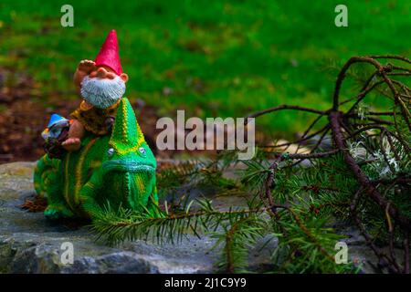 Ein Gartenzwerg sitzt auf einer Eidechse, die auf einem Felsen hinter einem Ast vor einem Grashintergrund liegt. Stockfoto