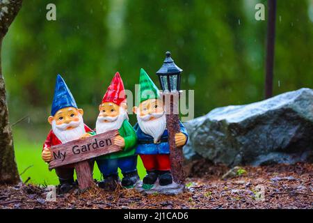 Rasengnomes im Regen lächeln fröhlich mit einem Gartenschild. Stockfoto