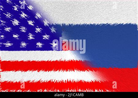 Vereinigte Staaten von Amerika (USA) und Russland. Flagge USA und Flagge Russland. Konzept des Krieges der Länder, der politischen und wirtschaftlichen Beziehungen. Horizontales Design. Stockfoto