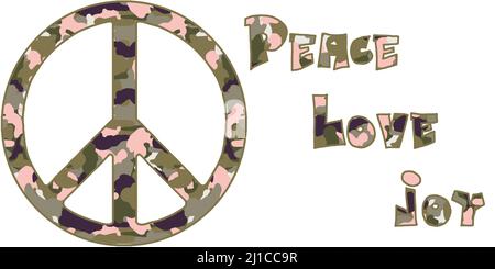 Lizenzfreies Tarnmuster in verschiedenen natürlichen Farben bilden ein Friedenszeichen. Englischer Text bedeutet: Frieden, Liebe, Freude. Texte werden mit dem camoufl gefüllt Stockfoto
