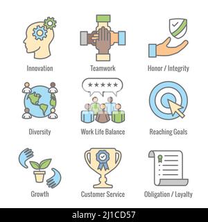 Symbole für die Grundwerte, die durch Teamarbeit, Work-Life-Balance und Diversity-Symbole festgelegt werden Stock Vektor