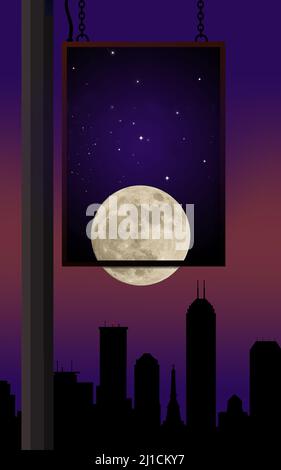Der Vollmond steigt auf, während sich der Abend über einer Stadt in dieser 3-d-Abbildung niederlässt. Stockfoto