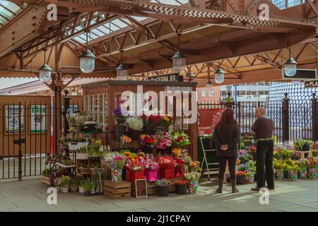 Eine Fülle von Blumen und Pflanzen zum Verkauf von Moor Street Flowers am Bahnhof Moor Street. Stockfoto