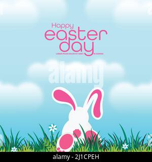 Vektor-Illustration des Osterposters und des Banners mit Kaninchen und schön bemalten Eiern auf dem Gras im Hintergrund des blauen Himmels. Stock Vektor