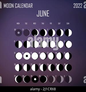 Juni 2022 Mondkalender. Astrologisches Kalenderdesign. planer. Platz für Aufkleber. Modell des Monatszyklus-Planers. Isolierter flüssiger Farbhintergrund Stock Vektor