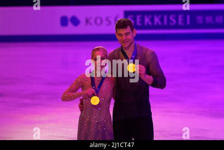 Wolrd siegt am 24. März 2022 in der Sud de France Arena in Montpellier, Frankreich, beim Pairs Free Skating gegen Alexa Knierim und Brandon Frazier aus den Vereinigten Staaten von Amerika. Stockfoto