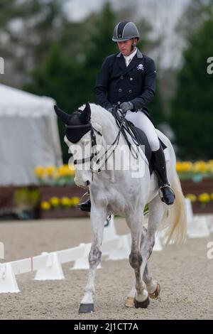 Raeford, North Carolina, USA. 24. März 2022. WILL FAUDREE aus den Vereinigten Staaten reitend tritt in der Dressur CCI4* beim Carolina International CCI and Horse Trial am 24. März 2022 im Carolina Horse Park in Raeford, North Carolina, an. Der Carolina International CCI and Horse Trial ist einer der führenden Wettkampfwettbewerbe für nationale und internationale Wettkampfkombinationen in Nord AmericaÃs und veranstaltet CCI1*-S bis CCI4*-S und National Levels of Training through Advanced. (Bild: © Timothy L. Hale/ZUMA Press Wire) Stockfoto