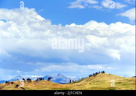 Wolken sammeln sich über den Bergen der Gallatin Range in Montana. Hügelige Hügel bilden den Vordergrund. Stockfoto