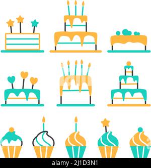 Symbole für flache Kuchen und Muffins auf Weiß gesetzt Stock Vektor