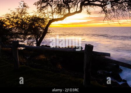 Wellen schlagen gegen die Lava Cliffs unter dem Ala Kahakai Trail National Historic Trail, Hawaii Island, Hawaii, USA Stockfoto