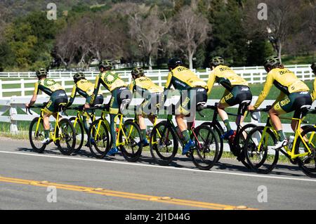 Das Aevolo Under 23 Herren Radsportteam auf einer Trainingsfahrt in den Santa Monica Mountains in Kalifornien. Stockfoto