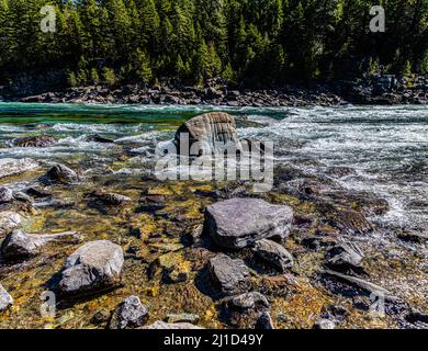 Stromschnellen und Felsbrocken am Kootenai River, Lincoln County, Montana, USA Stockfoto