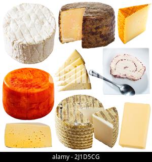 Sammlung von Käse auf weißem Hintergrund isoliert Stockfoto