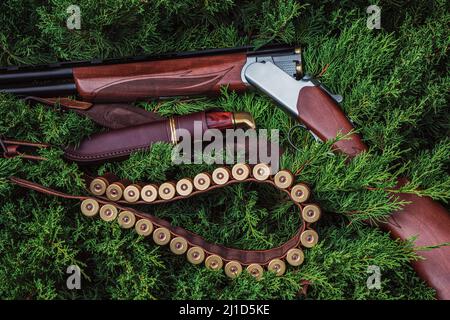 Ein offenes Jagdgewehr mit Patronen und einem Messer in einem Lederetui, das auf den Ästen der grünen Tanne liegt. Jagdkonzept Stockfoto