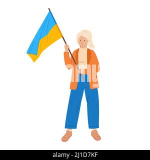 Beenden Sie den Krieg in der Ukraine Rallye. Junge Frau hält ukrainische Flagge. Weibliche Figur nehmen an politischen Treffen Teil. Protest, Parade gegen Kriegserscheinungen. Flache Abbildung Stock Vektor