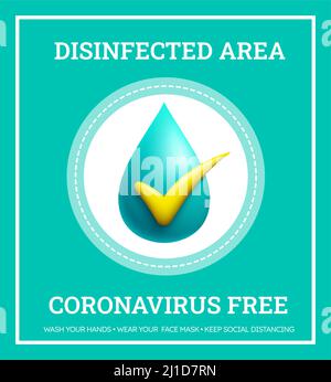 Coronavirus-freies Vektordesign. Covid-freier und desinfizierter Bereichstext mit Sicherheits- und Clean-Logo-Symbol-Element für einen neuen normalen sicheren und sauberen Standort. Stock Vektor