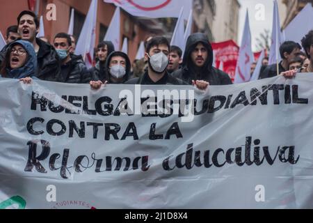 Madrid, Madrid, Spanien. 24. März 2022. Der Streik drückt die Ablehnung der Bildungsreformen der aktuellen Regierung aus. Beide Einheiten kritisieren das neue Bildungsgesetz, das LOMLOE, das sie als ''ein de facto-Kontinuitätsgesetz'' betrachten, das 'die umstrittensten Aspekte der LOMCE aufbaut, sich aber in den gleichen Privatisierungskoordinaten entwickelt. (Bild: © Alberto Sibaja/Pacific Press via ZUMA Press Wire) Stockfoto