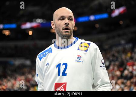 Torwart Vincent Gerard (Frankreich) gegen Dänemark. EHF Euro 2022. Bronzemedaillenspiel. Stockfoto