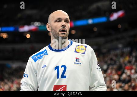 Torwart Vincent Gerard (Frankreich) gegen Dänemark. EHF Euro 2022. Bronzemedaillenspiel. Stockfoto