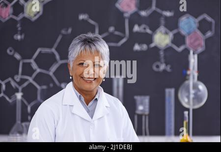 Jeder hat die Lieblingslehrerin für Chemie. Eine leitende Wissenschaftlerin, die in ihrem Labor arbeitet. Stockfoto