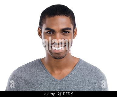 Lächeln Sie weiter. Ein junger Mann, der die Kamera anschaut. Stockfoto