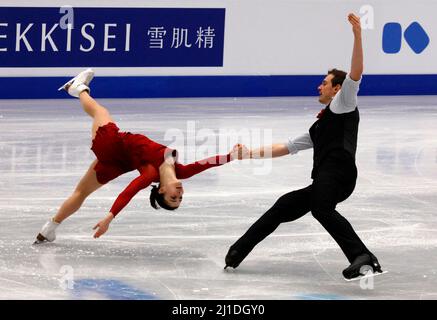 Montpellier, Frankreich. 23. März 2022. Das Kurzprogramm der Paare bei den ISU-Eiskunstlauf-Weltmeisterschaften in Montpellier, Südfrankreich, am 23. März 2022.Foto von Patrick Aventurier/ABACAPRESS.COM Quelle: Abaca Press/Alamy Live News Stockfoto