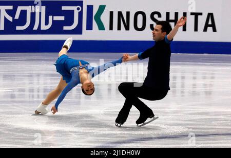 Montpellier, Frankreich. 23. Mär, 2022. Das Kurzprogramm der Paare bei den ISU-Eiskunstlauf-Weltmeisterschaften in Montpellier, Südfrankreich, am 23. März 2022.Foto von Patrick Aventurier/ABACAPRESS.COM Quelle: Abaca Press/Alamy Live News Stockfoto