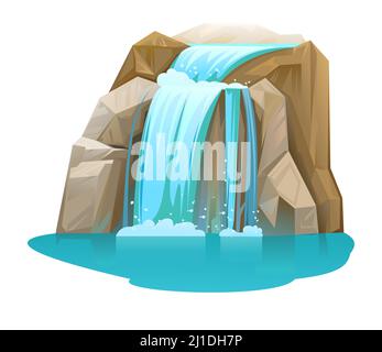 Wasserfall zwischen Felsen. Kaskade schimmert nach unten. Fließendes Wasser. Cooler Cartoon-Style. Objekt auf weißem Hintergrund isoliert. Geht schräg nach unten. Vektor. Stock Vektor