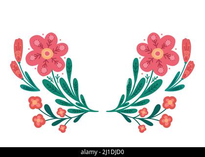 Vektor Cliparts Rahmen mit roten Begonia und Verbene mit Volkskunst isoliert vom Hintergrund. Vorlage mit floraler Komposition mit naiven Ornamenten. Stock Vektor