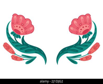 Vektor Cliparts Rahmen mit roten Mohnblumen auf Stielen mit Volkskunst vom Hintergrund isoliert. Vorlage mit Blumenarrangement mit naiven Ornamenten. Natürlich Stock Vektor