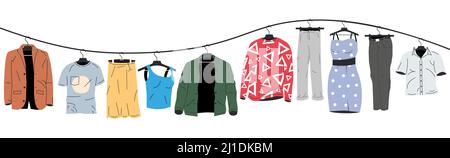Herren- und Damenbekleidung am Kleiderbügel. Stock Vektor