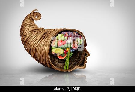 Obst und Gemüse gesundes Leben als Cornucopia-Horn-Objekt in Form eines menschlichen Kopfes und Gehirns in einem 3D-Illustrationsstil. Stockfoto