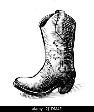 Cowboystiefel. Tinte schwarz-weiß Zeichnung Stockfoto