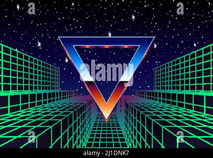 Synthwave-Rahmen mit Chrom-Dreieck und 80s Stil Synthwave Arcade-Spiel Landschaft. Stock Vektor