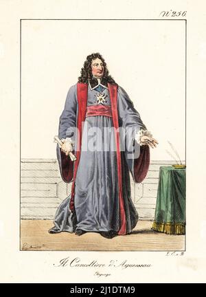 Henri François d'Aguesseau, 1668-1751, Bundeskanzler von Frankreich dreimal zwischen 1717 und 1750 während der Regency von Philippe II, Herzog von Orleans, und später unter König Louis XV. Le Chancelio d'Aguesseau. Regence. Handkolorierte Lithographie von Lorenzo Bianchi und Domenico Cuciniello nach Hippolyte Lecomte aus Costumi civili e militari della monarchia francese dal 1200 al 1820, Neapel, 1825. Italienische Ausgabe von Lecomtes zivilen und militärischen Kostümen der französischen Monarchie von 1200 bis 1820. Stockfoto