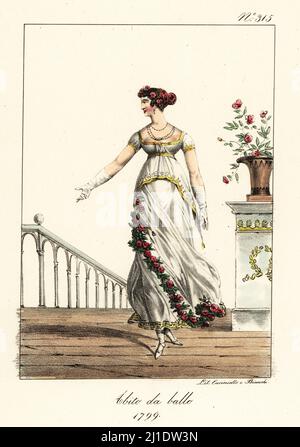 Modische Frau oder Merveilleuse im Ballkleid, Directoire era, 1799. Sie trägt ihre Haare in einem klassisch griechischen Musselin-Kleid mit Goldstickerei und Rosen auf der Diagonale. Costume de Bal 1799. Handkolorierte Lithographie von Lorenzo Bianchi und Domenico Cuciniello nach Hippolyte Lecomte aus Costumi civili e militari della monarchia francese dal 1200 al 1820, Neapel, 1825. Italienische Ausgabe von Lecomtes zivilen und militärischen Kostümen der französischen Monarchie von 1200 bis 1820. Stockfoto