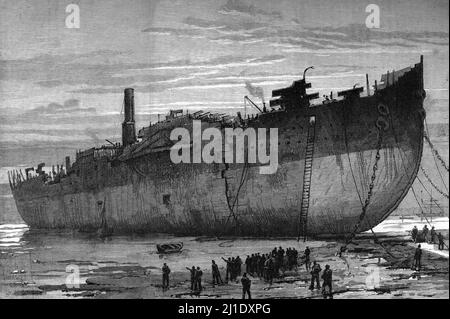 'Le paquebot Great Eastern Avant sa Demoly - il sera demoli a Rock Ferry, sur l'estuaire de la Mersey, pres de Birkenhead par Henry Bath & Sons en 1889 1889 1890-1890' (Aufbrechen des von Isambard Kingdom Brunel entworfenen, von der SS Great Eastern angetriebenen, per Segel angetriebenen, Schaufelraddampfes und Schraubendampfes) Gravure tiree de 'Le Journal des Voyages' 01/06/1890 Collection privee Stockfoto